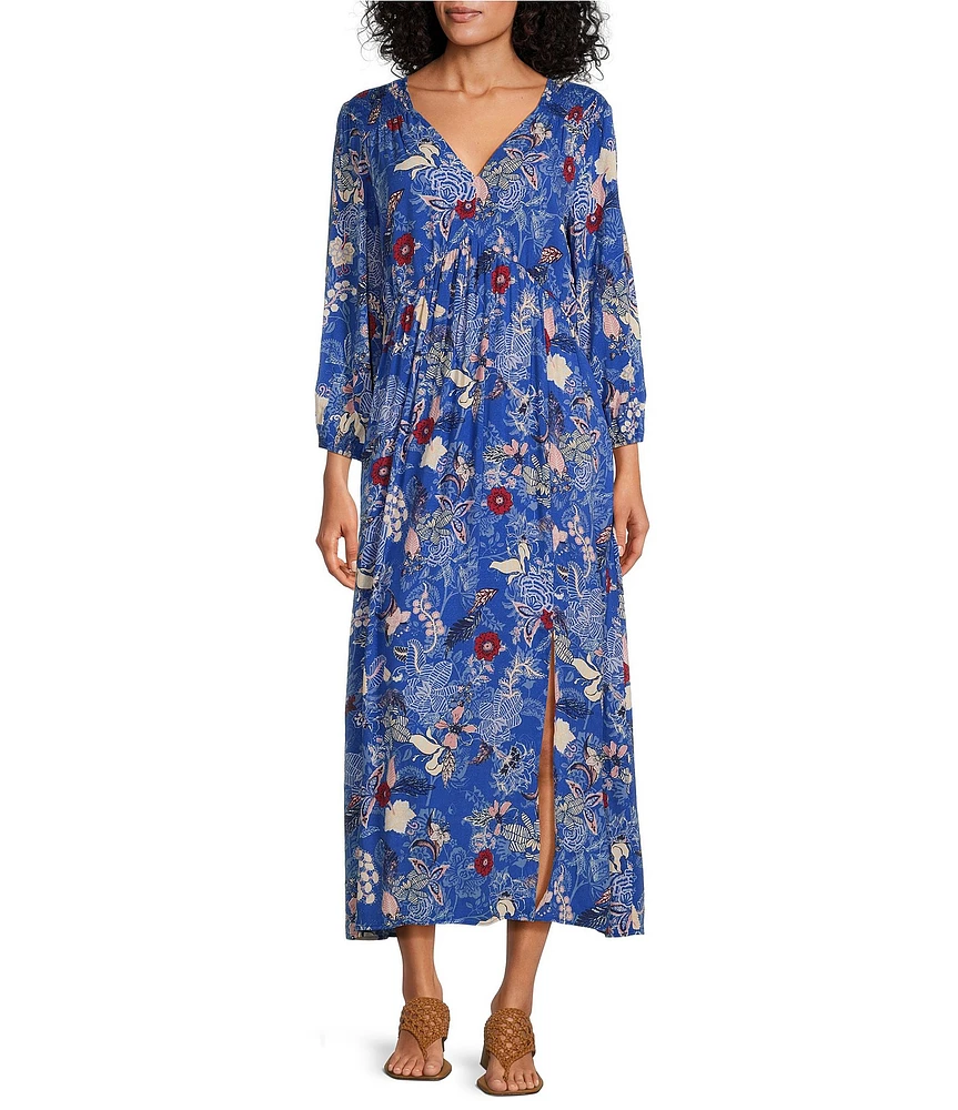 Nurture by Westbound Petite Size V-Neck Floral Maxi Front Slit Elbow Sleeve Dress