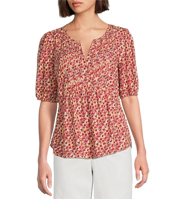 Nurture by Westbound Petite Woven Elbow Sleeve Pintuck Yoke Floral Top