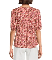 Nurture by Westbound Petite Woven Elbow Sleeve Pintuck Yoke Floral Top