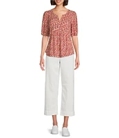 Nurture by Westbound Petite Woven Elbow Sleeve Pintuck Yoke Floral Top