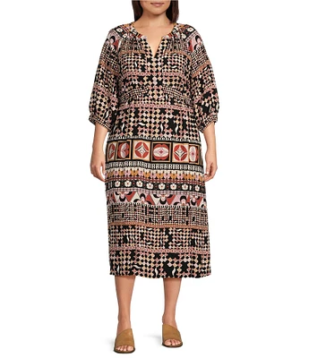 Nurture by Westbound Plus Size 3/4 Sleeve Embroidered V-Neckline Geometric Print Midi Dress