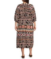 Nurture by Westbound Plus Size 3/4 Sleeve Embroidered V-Neckline Geometric Print Midi Dress