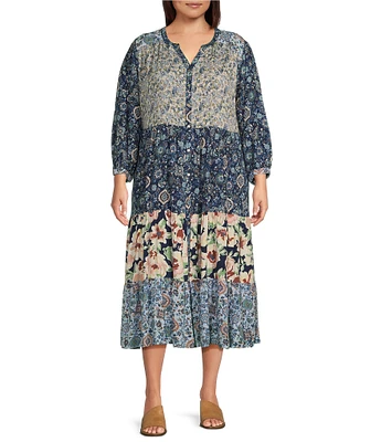 Nurture by Westbound Plus Size 3/4 Sleeve Floral Button Front Maxi Dress