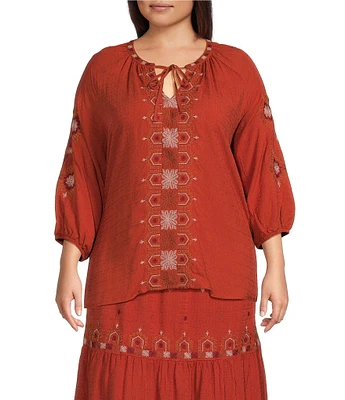 Nurture by Westbound Plus Size Embroidered Elbow Sleeve Coordinating Peasant Top