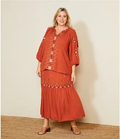 Nurture by Westbound Plus Size Embroidered Elbow Sleeve Coordinating Peasant Top