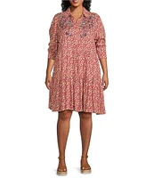Nurture by Westbound Plus Size Embroidered Floral Button Front Roll Sleeve Tiered Short Dress