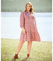 Nurture by Westbound Plus Size Embroidered Floral Button Front Roll Sleeve Tiered Short Dress