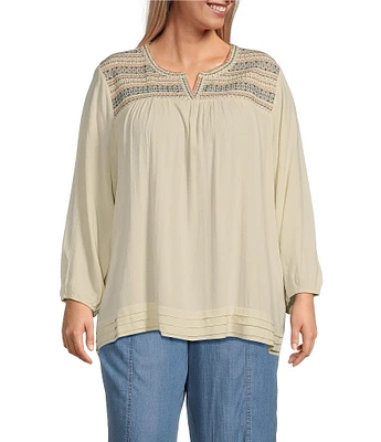 Nurture by Westbound Plus Size Embroidered Split Round Neck 3/4 Sleeve Blouse