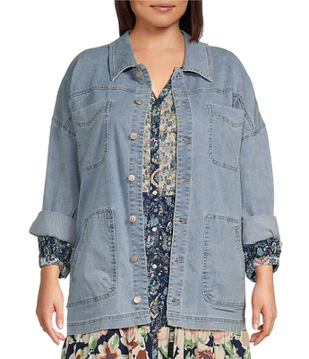 Nurture by Westbound Plus Size Flap Pocket Long Sleeve Button Front Denim Jacket