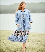 Nurture by Westbound Plus Size Flap Pocket Long Sleeve Button Front Denim Jacket
