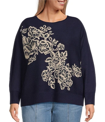 Nurture by Westbound Plus Size Floral Pattern Crew Neck Pullover Sweater