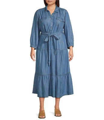 Nurture by Westbound Plus Size Henley Neckline 3/4 Sleeve Chambray Belted Midi Dress