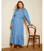 Nurture by Westbound Plus Size Henley Neckline 3/4 Sleeve Chambray Belted Midi Dress