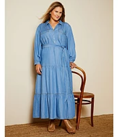 Nurture by Westbound Plus Size Henley Neckline 3/4 Sleeve Chambray Belted Midi Dress