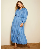 Nurture by Westbound Plus Size Henley Neckline 3/4 Sleeve Chambray Belted Midi Dress