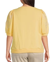 Nurture by Westbound Plus Size Knit Crew Neck Floral Embroidered Elbow Sleeve Top