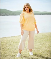 Nurture by Westbound Plus Size Knit Crew Neck Floral Embroidered Elbow Sleeve Top