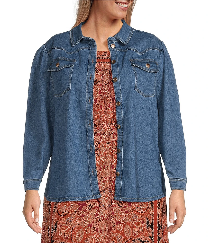 Nurture by Westbound Plus Size Long Sleeve Button Front Denim Shacket