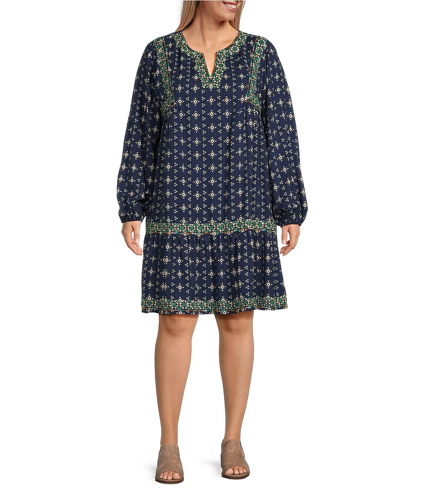 Nurture by Westbound Plus Size Long Sleeve Split V-Neck Embroidered Short Dress