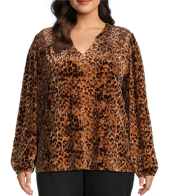 Nurture by Westbound Plus Size Printed Long Sleeve Smocked Yoke V-Neck Top