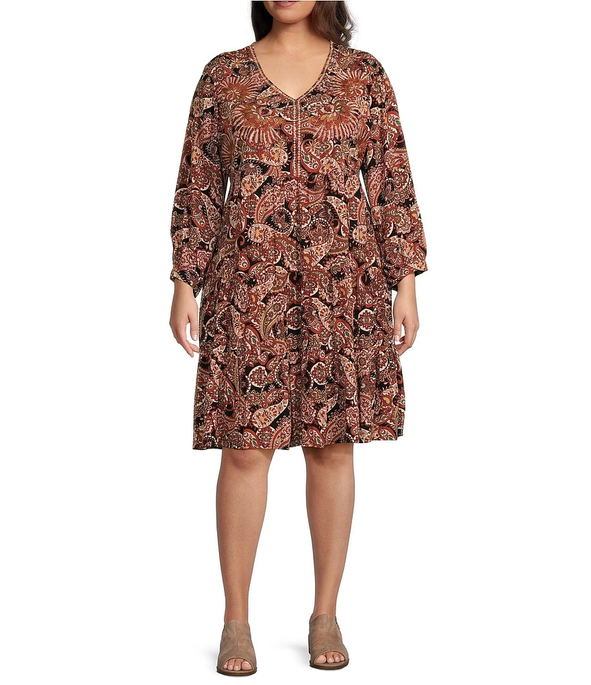 Nurture by Westbound Plus Size Spice Paisley Print Embroidered 3/4 Sleeve Tiered Dress