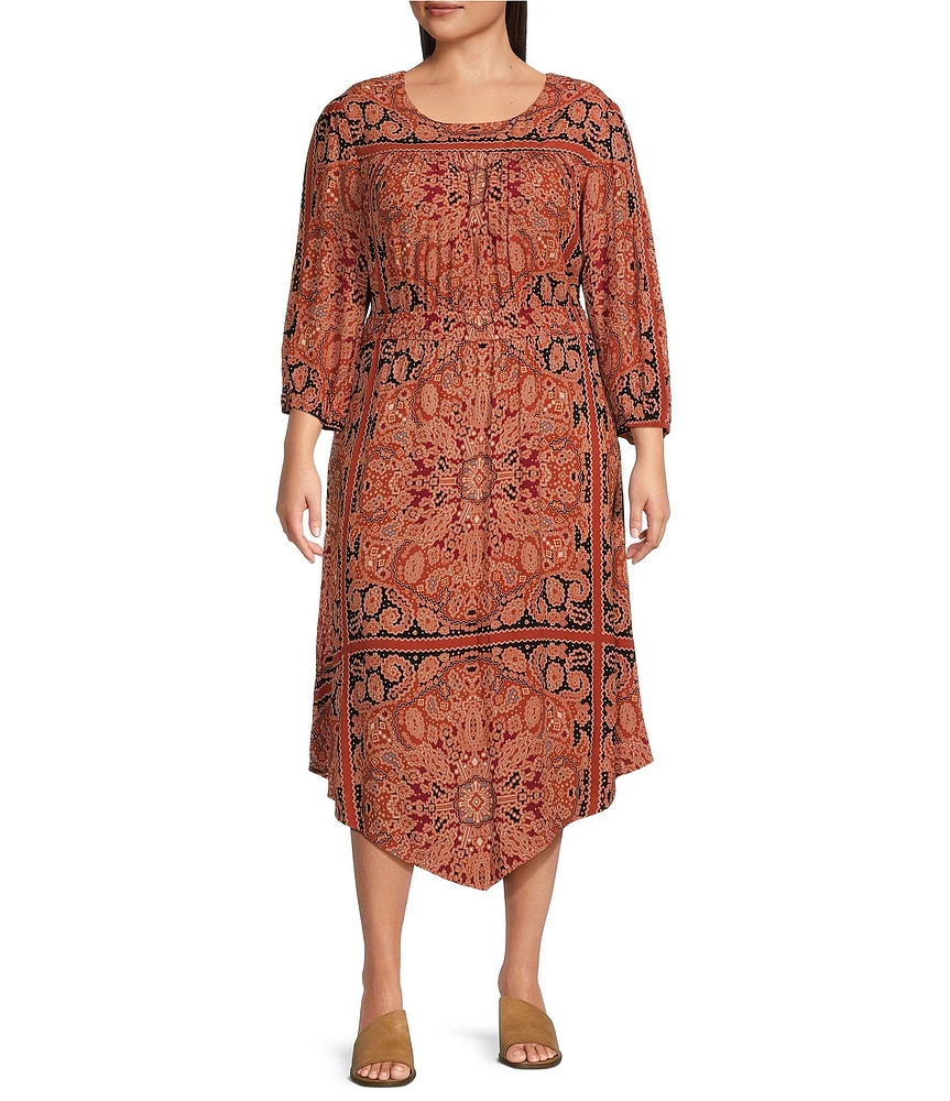 Nurture by Westbound Plus Size Spice Scarf Print 3/4 Sleeve Pointed Hem Midi Dress