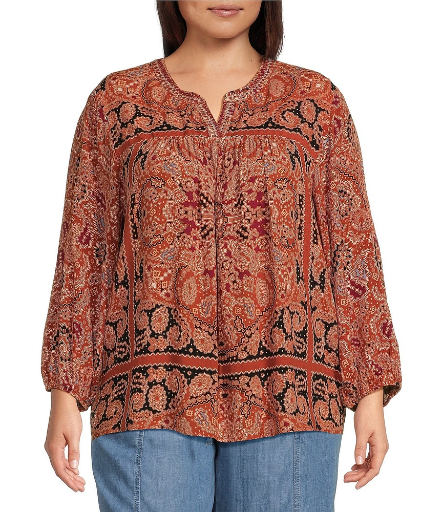 Nurture by Westbound Plus Size Spice Scarf Print 3/4 Sleeve V-Neck Top