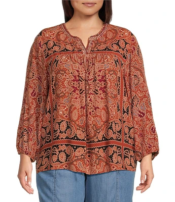 Nurture by Westbound Plus Size Spice Scarf Print 3/4 Sleeve V-Neck Top