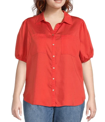 Nurture by Westbound Plus Size Woven Puff Elbow Sleeve Button Front Top