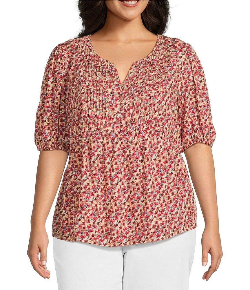 Nurture by Westbound Plus Size Woven Elbow Sleeve Pintuck Yoke Floral Top