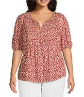 Nurture by Westbound Plus Size Woven Elbow Sleeve Pintuck Yoke Floral Top