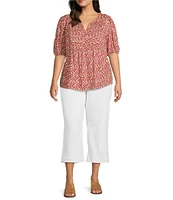 Nurture by Westbound Plus Size Woven Elbow Sleeve Pintuck Yoke Floral Top