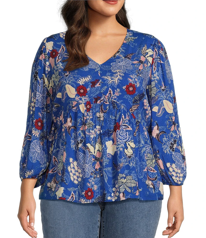 Nurture by Westbound Plus Size Woven Floral Print 3/4 Sleeve V-Neck Top