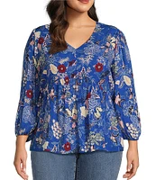 Nurture by Westbound Plus Size Woven Floral Print 3/4 Sleeve V-Neck Top