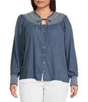 Nurture by Westbound Plus Size Woven Long Sleeve Button Front Novelty Smocking Top