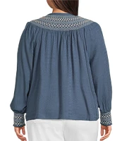 Nurture by Westbound Plus Size Woven Long Sleeve Button Front Novelty Smocking Top