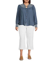 Nurture by Westbound Plus Size Woven Long Sleeve Button Front Novelty Smocking Top