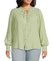 Nurture by Westbound Plus Size Woven Long Sleeve Button Front Novelty Smocking Top
