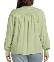Nurture by Westbound Plus Size Woven Long Sleeve Button Front Novelty Smocking Top