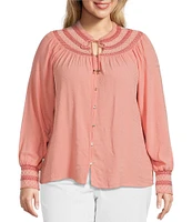 Nurture by Westbound Plus Size Woven Long Sleeve Button Front Novelty Smocking Top