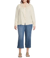 Nurture by Westbound Plus Size Woven Long Sleeve Button Front Novelty Smocking Top