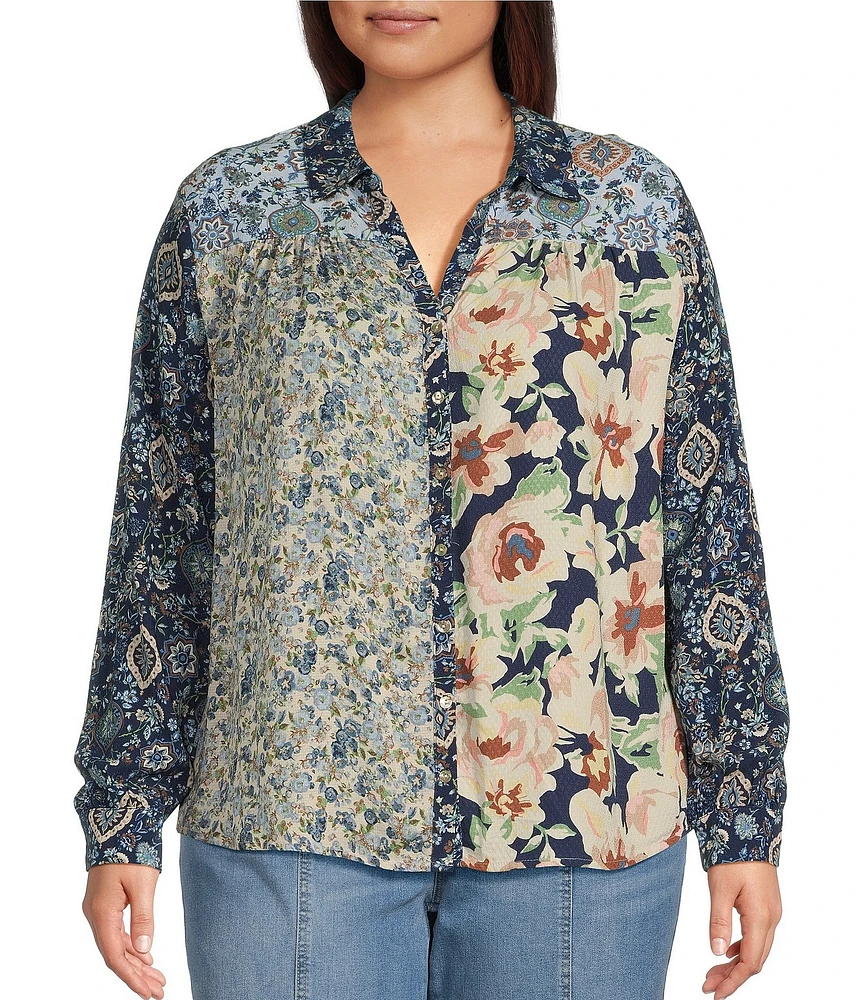 Nurture by Westbound Plus Size Woven Long Sleeve Floral Print Button Down Top