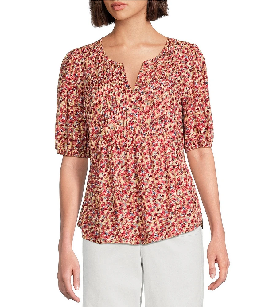 Nurture by Westbound Woven Elbow Sleeve Pintuck Yoke Floral Top