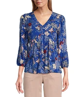 Nurture by Westbound Woven Floral Print 3/4 Sleeve V-Neck Top