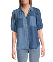 Nurture by Westbound Woven Mixed Wash Button Front Elbow Puff Sleeve Top