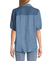 Nurture by Westbound Woven Mixed Wash Button Front Elbow Puff Sleeve Top