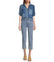 Nurture by Westbound Woven Mixed Wash Button Front Elbow Puff Sleeve Top