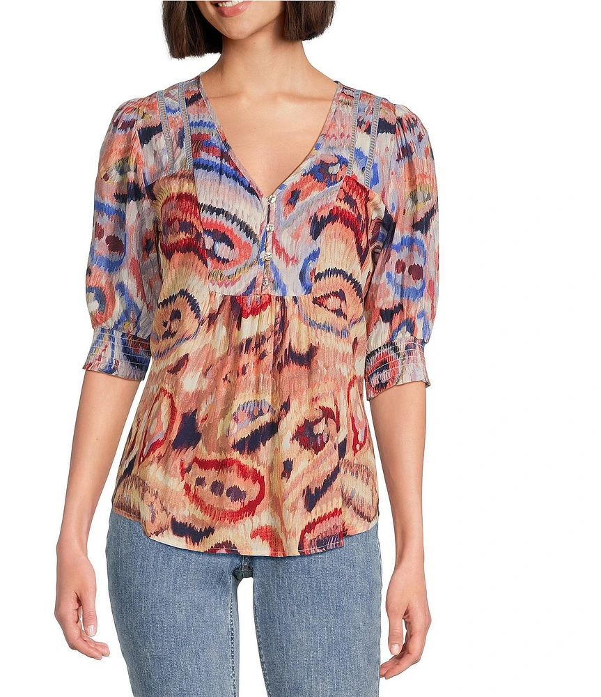 Nurture by Westbound Woven Smocked Elbow Sleeve V-Neck Top