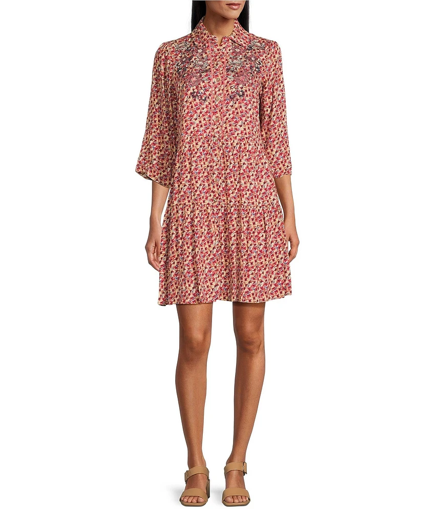 Nurture by Westbound Y-Neckline Embroidered Floral Button Front Roll Sleeve Tiered Short Dress