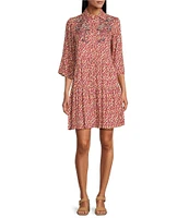 Nurture by Westbound Y-Neckline Embroidered Floral Button Front Roll Sleeve Tiered Short Dress